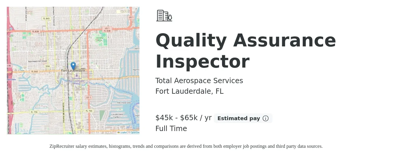 Total Aerospace Services job posting for a Quality Assurance Inspector in Fort Lauderdale, FL with a salary of $45,000 to $65,000 Yearly with a map of Fort Lauderdale location.