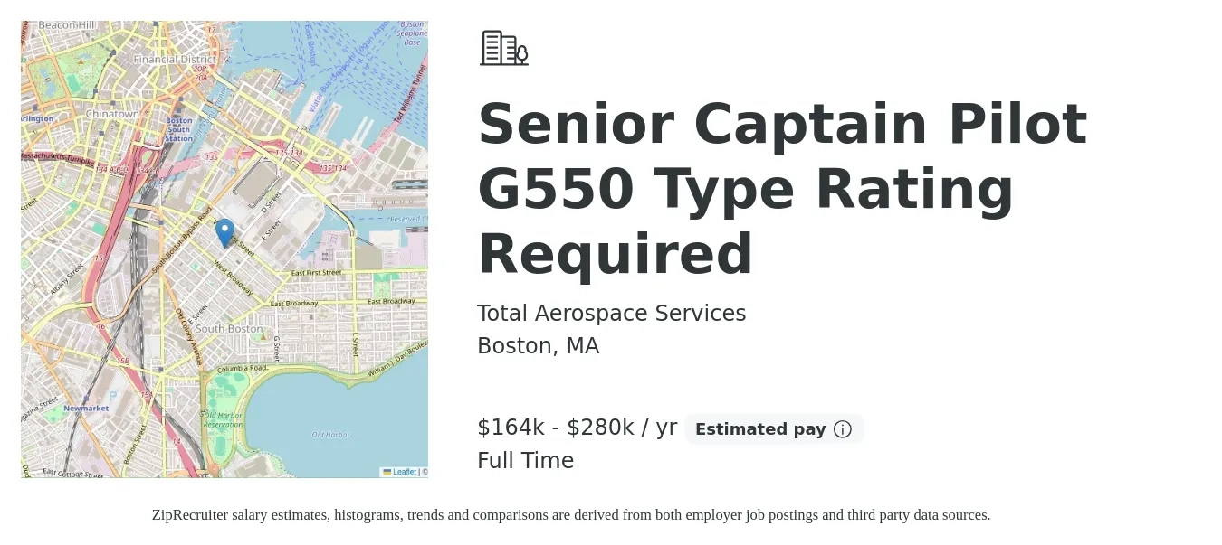 Total Aerospace Services job posting for a Senior Captain Pilot G550 Type Rating Required in Boston, MA with a salary of $164,000 to $280,000 Yearly with a map of Boston location.