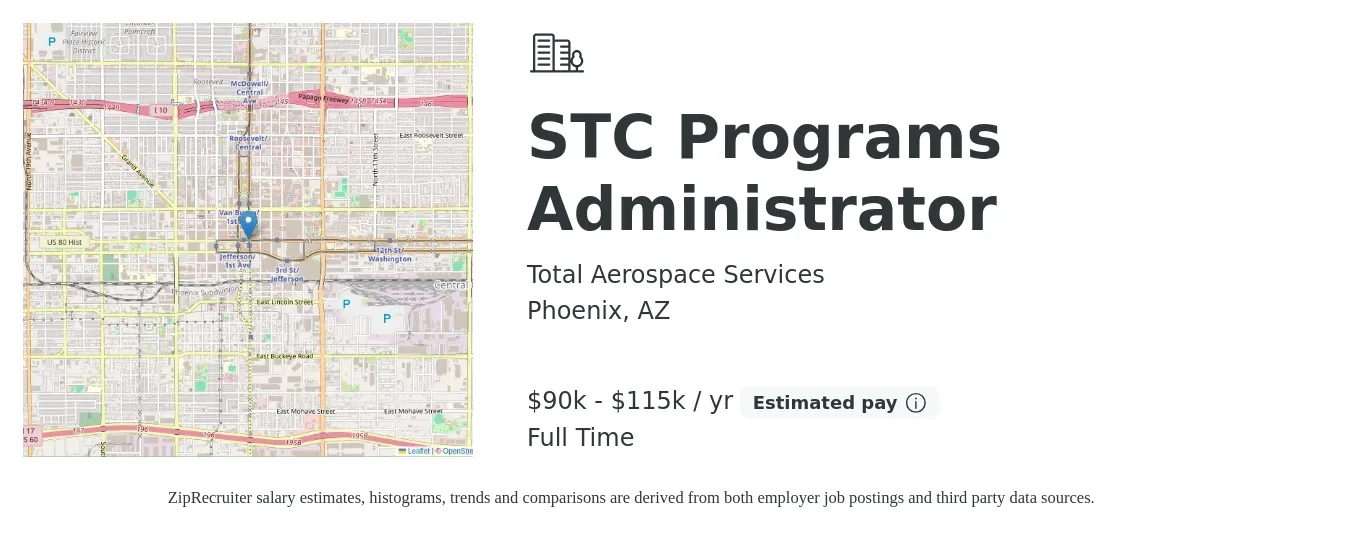 Total Aerospace Services job posting for a STC Programs Administrator in Phoenix, AZ with a salary of $90,000 to $115,000 Yearly with a map of Phoenix location.