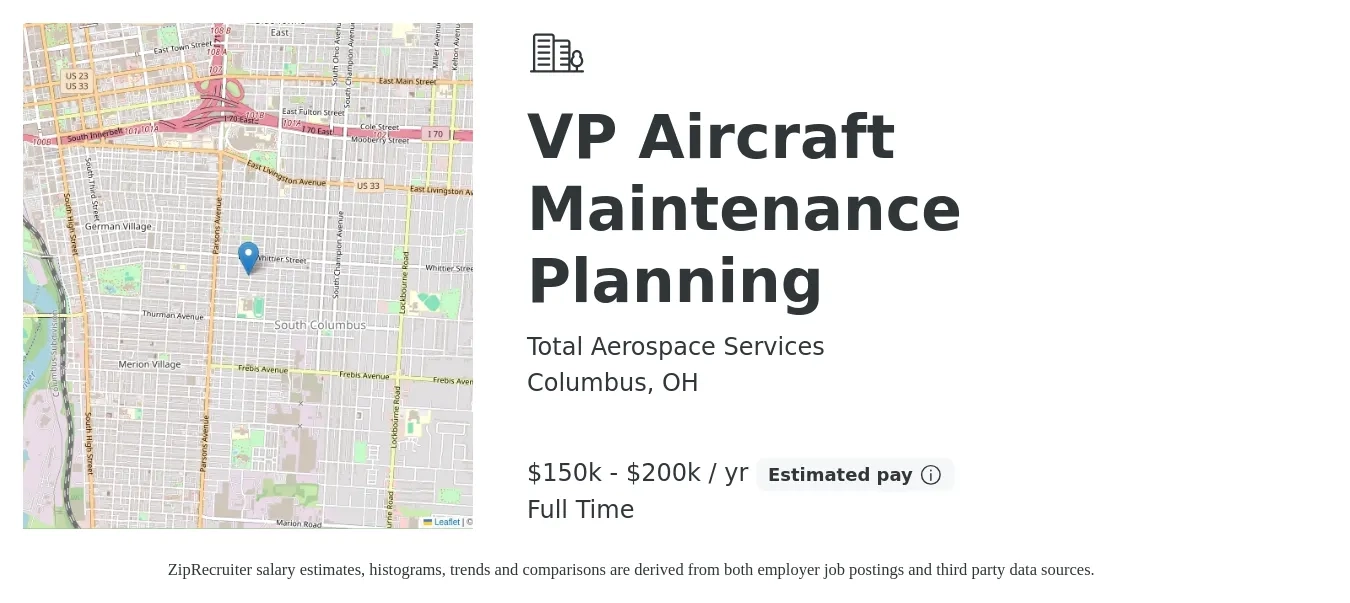 Total Aerospace Services job posting for a VP Aircraft Maintenance Planning in Columbus, OH with a salary of $150,000 to $200,000 Yearly with a map of Columbus location.