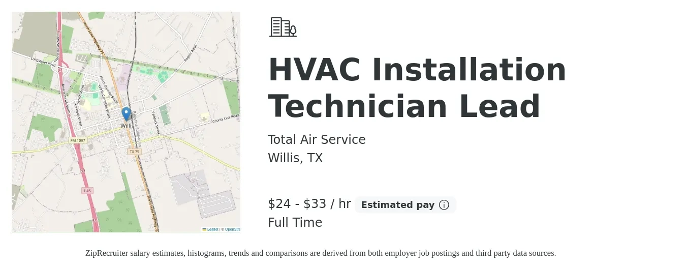 Total Air Service job posting for a HVAC Installation Technician Lead in Willis, TX with a salary of $25 to $35 Hourly with a map of Willis location.