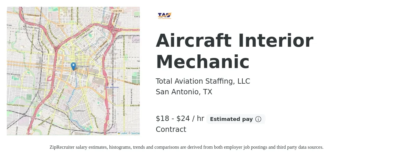 Total Aviation Staffing, LLC job posting for a Aircraft Interior Mechanic in San Antonio, TX with a salary of $19 to $25 Hourly with a map of San Antonio location.