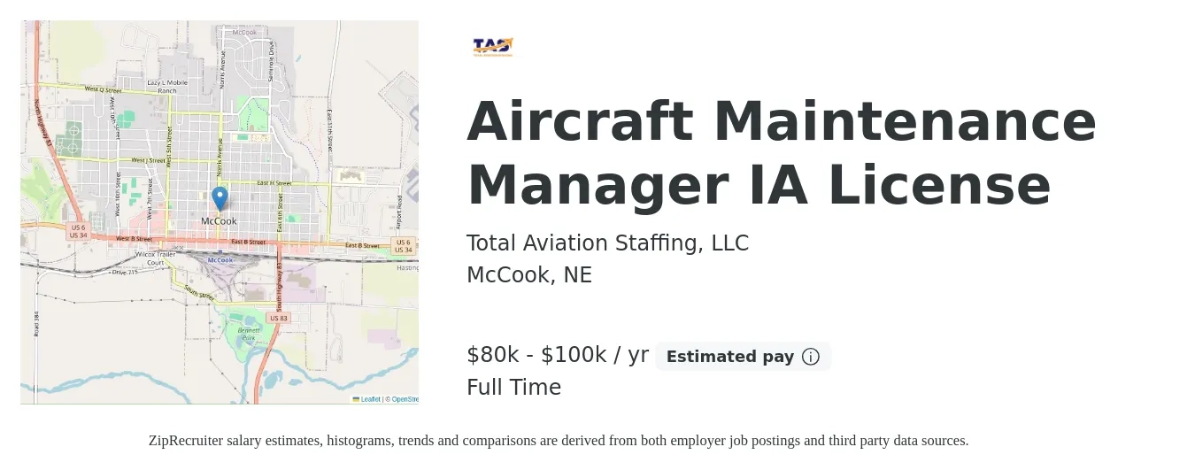 Total Aviation Staffing, LLC job posting for a Aircraft Maintenance Manager IA License in McCook, NE with a salary of $80,000 to $100,000 Yearly with a map of McCook location.
