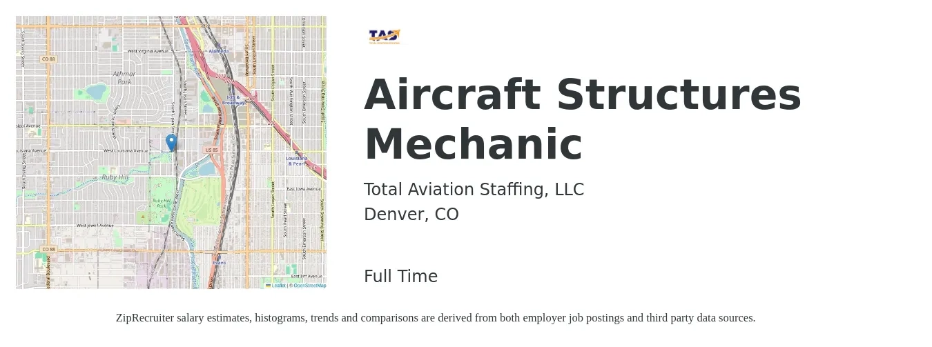 Total Aviation Staffing, LLC job posting for a Aircraft Structures Mechanic in Denver, CO with a salary of $22 to $40 Hourly with a map of Denver location.
