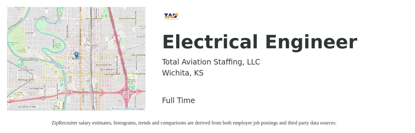 Total Aviation Staffing, LLC job posting for a Electrical Engineer in Wichita, KS with a salary of $74,300 to $118,100 Yearly with a map of Wichita location.