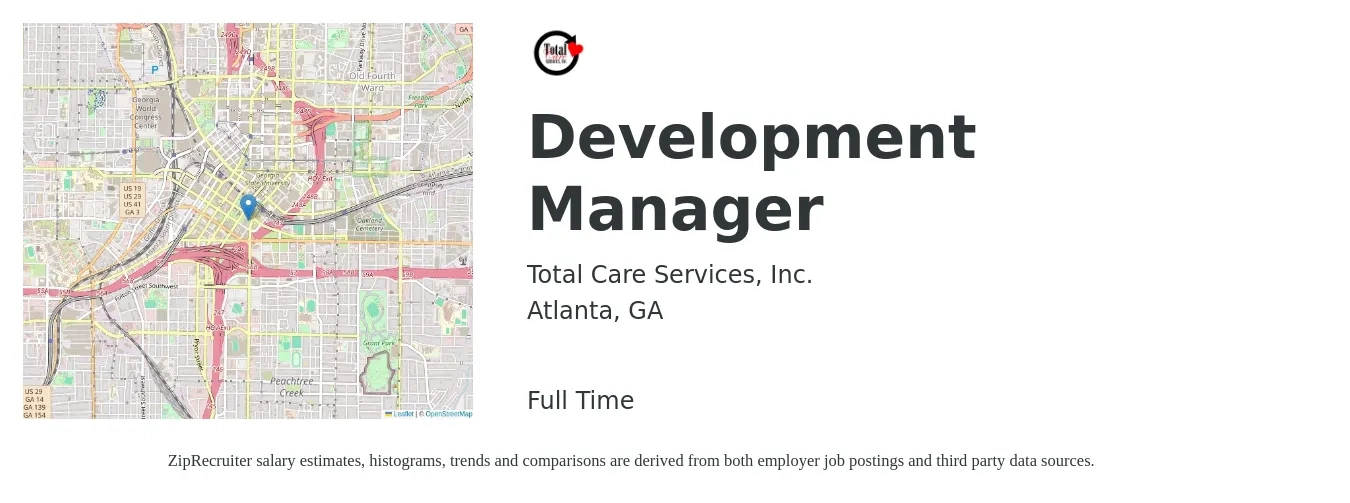 Total Care Services, Inc. job posting for a Development Manager in Atlanta, GA with a salary of $56,300 to $87,000 Yearly with a map of Atlanta location.
