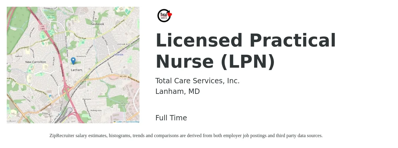 Total Care Services, Inc. job posting for a Licensed Practical Nurse (LPN) in Lanham, MD with a salary of $26 to $35 Hourly with a map of Lanham location.