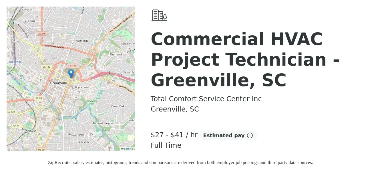 Total Comfort Service Center Inc job posting for a Commercial HVAC Project Technician - Greenville, SC in Greenville, SC with a salary of $29 to $43 Hourly with a map of Greenville location.