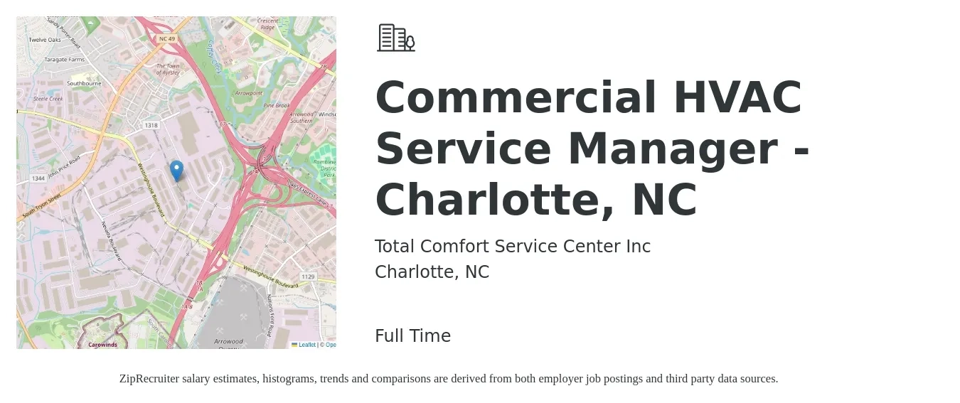 Total Comfort Service Center Inc job posting for a Commercial HVAC Service Manager - Charlotte, NC in Charlotte, NC with a salary of $66,100 to $96,700 Yearly with a map of Charlotte location.