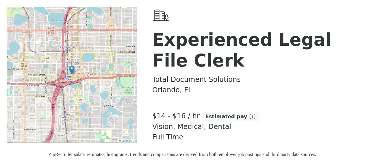 Total Document Solutions job posting for a Experienced Legal File Clerk in Orlando, FL with a salary of $15 to $17 Hourly and benefits including vision, dental, life_insurance, medical, pto, and retirement with a map of Orlando location.