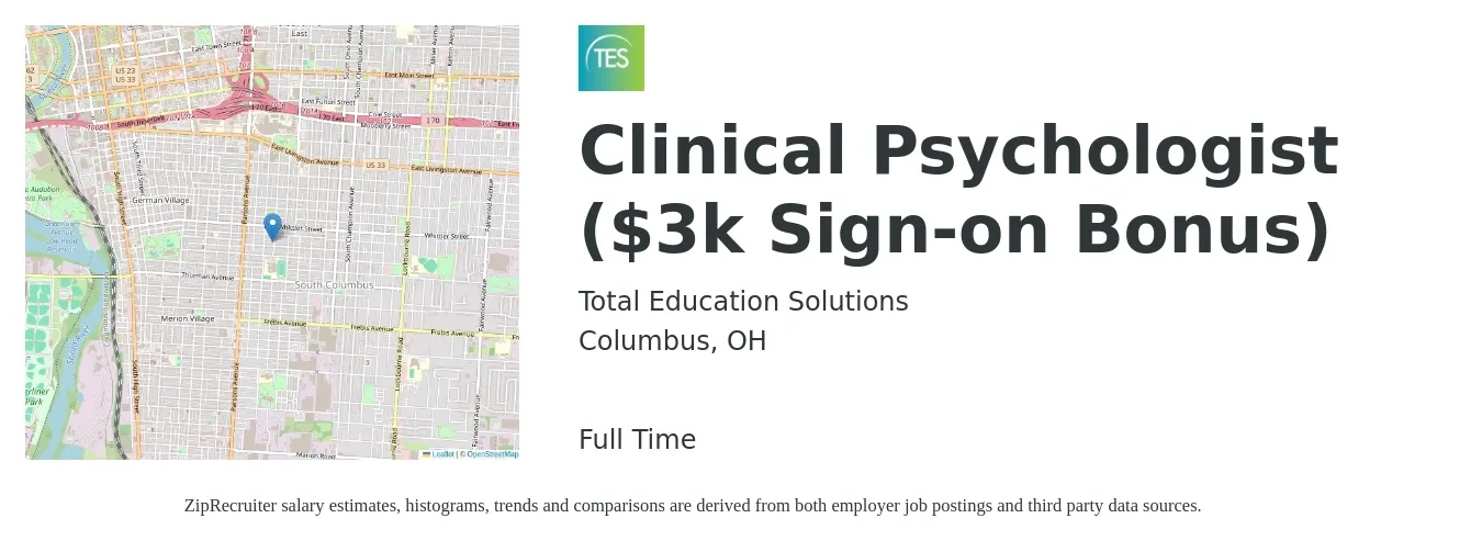 Total Education Solutions job posting for a Clinical Psychologist ($3k Sign-on Bonus) in Columbus, OH with a salary of $85,500 to $117,800 Yearly with a map of Columbus location.