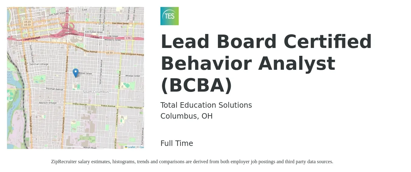 Total Education Solutions job posting for a Lead Board Certified Behavior Analyst (BCBA) in Columbus, OH with a salary of $6,760 to $7,768 Monthly with a map of Columbus location.