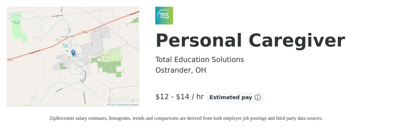 Total Education Solutions job posting for a Personal Caregiver in Ostrander, OH with a salary of $13 to $15 Hourly with a map of Ostrander location.