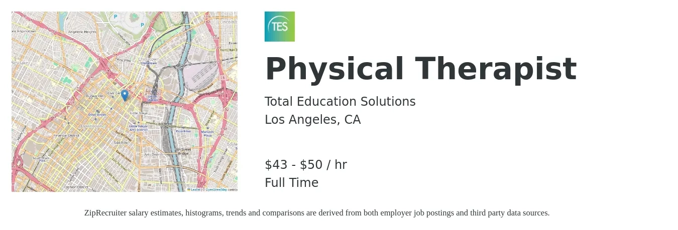 Total Education Solutions job posting for a Physical Therapist in Los Angeles, CA with a salary of $45 to $53 Hourly with a map of Los Angeles location.