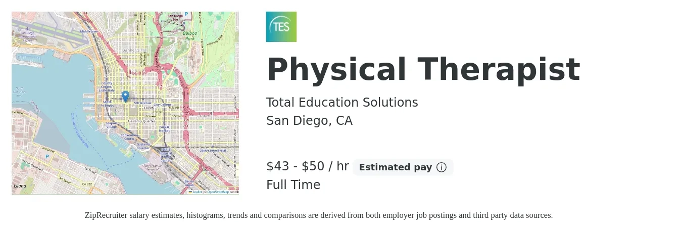 Total Education Solutions job posting for a Physical Therapist in San Diego, CA with a salary of $45 to $52 Hourly with a map of San Diego location.