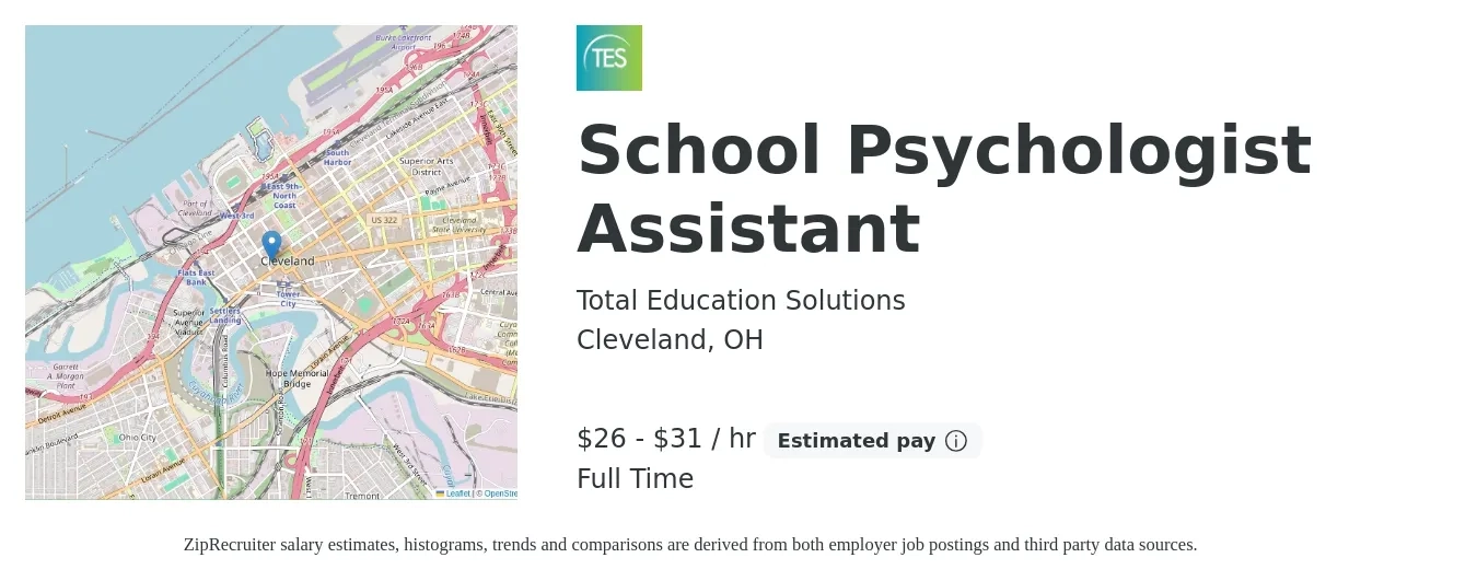 Total Education Solutions job posting for a School Psychologist Assistant in Cleveland, OH with a salary of $28 to $32 Hourly with a map of Cleveland location.
