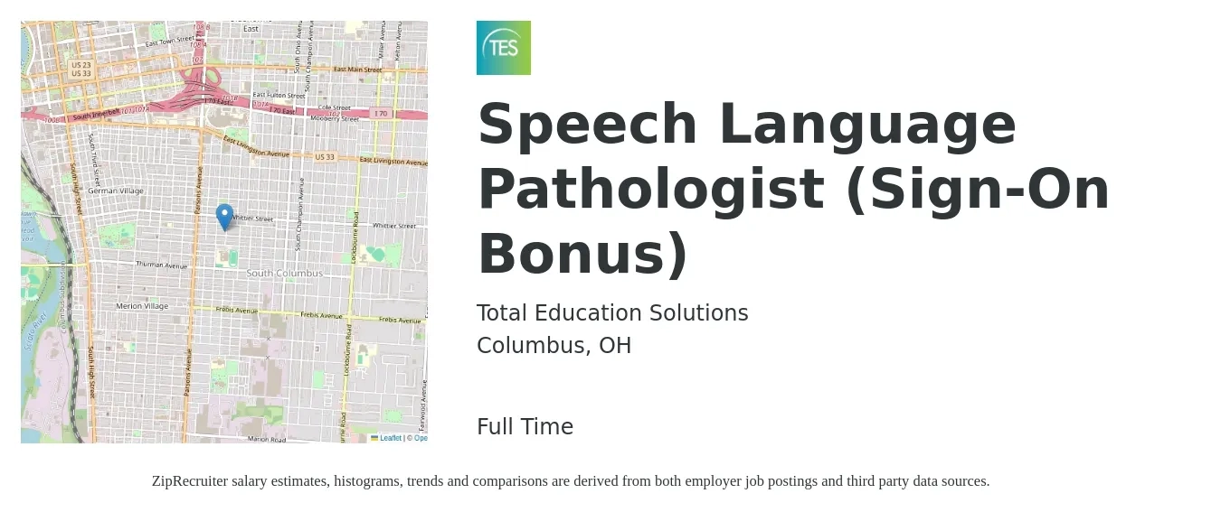 Total Education Solutions job posting for a Speech Language Pathologist (Sign-On Bonus) in Columbus, OH with a salary of $34 to $37 Hourly with a map of Columbus location.