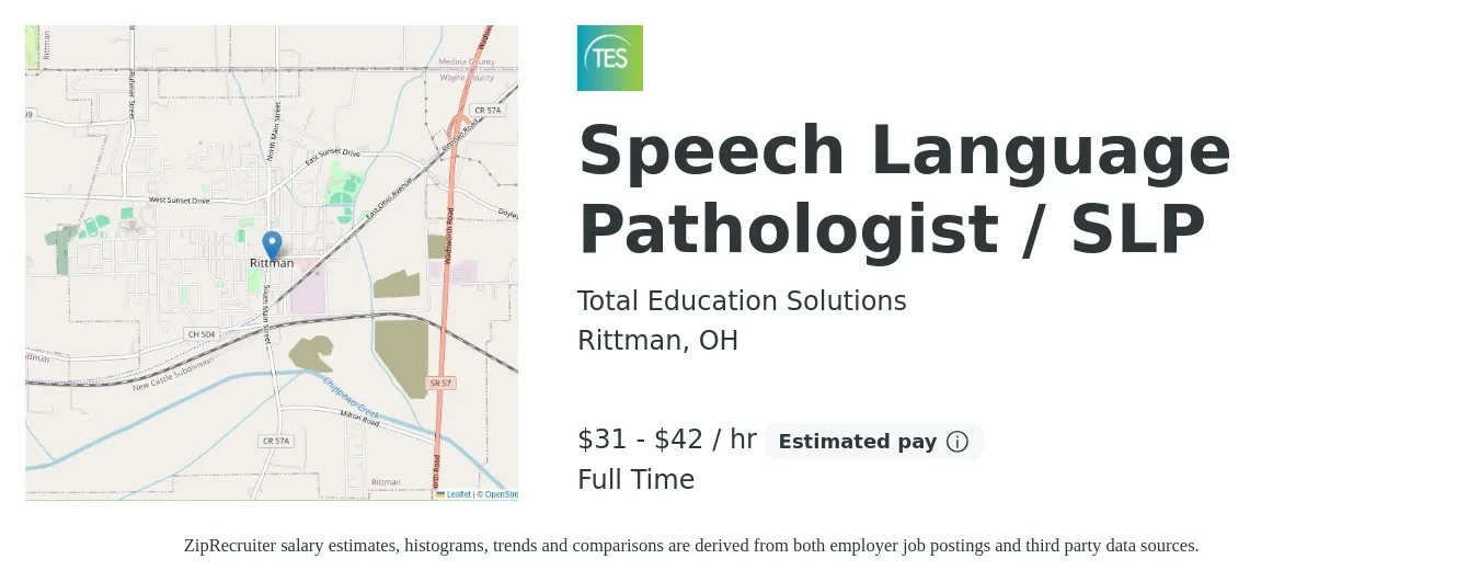 Total Education Solutions job posting for a Speech Language Pathologist / SLP in Rittman, OH with a salary of $33 to $44 Hourly with a map of Rittman location.