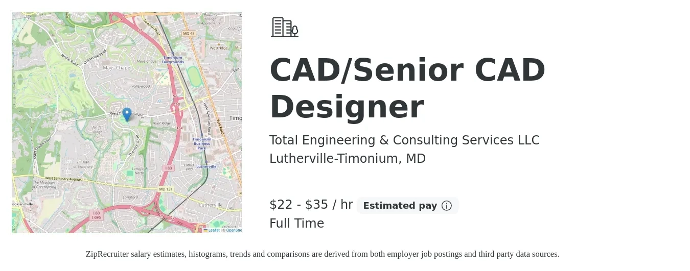 Total Engineering & Consulting Services LLC job posting for a CAD/Senior CAD Designer in Lutherville-Timonium, MD with a salary of $23 to $37 Hourly with a map of Lutherville-Timonium location.