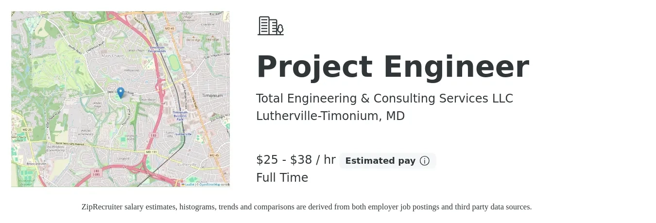 Total Engineering & Consulting Services LLC job posting for a Project Engineer in Lutherville-Timonium, MD with a salary of $27 to $40 Hourly with a map of Lutherville-Timonium location.