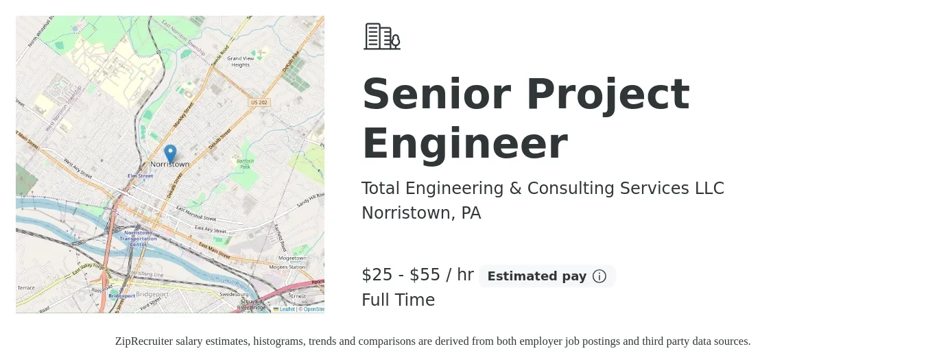 Total Engineering & Consulting Services LLC job posting for a Senior Project Engineer in Norristown, PA with a salary of $27 to $58 Hourly with a map of Norristown location.