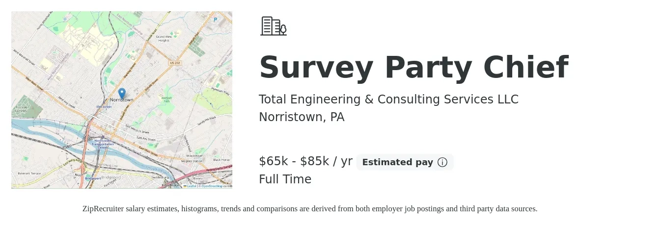 Total Engineering & Consulting Services LLC job posting for a Survey Party Chief in Norristown, PA with a salary of $65,000 to $85,000 Yearly with a map of Norristown location.