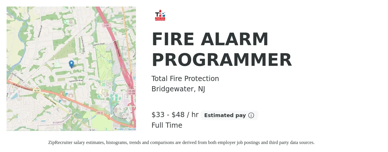 Total Fire Protection job posting for a FIRE ALARM PROGRAMMER in Bridgewater, NJ with a salary of $35 to $50 Hourly with a map of Bridgewater location.