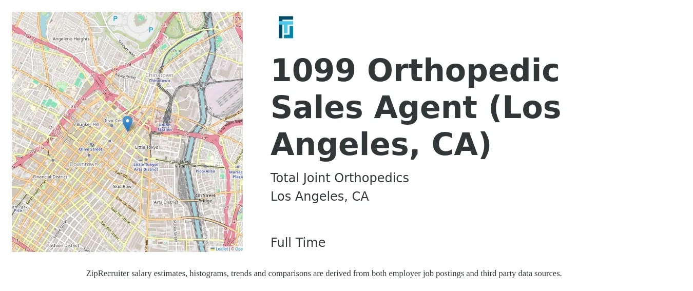 Total Joint Orthopedics job posting for a 1099 Orthopedic Sales Agent (Los Angeles, CA) in Los Angeles, CA with a salary of $16 to $22 Hourly with a map of Los Angeles location.