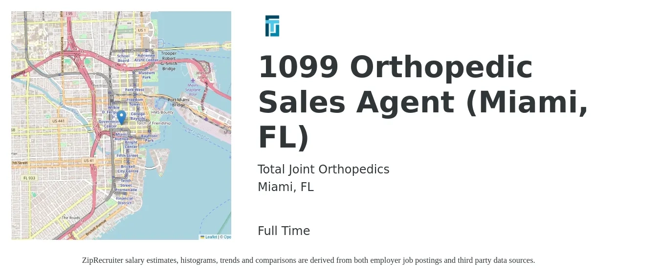 Total Joint Orthopedics job posting for a 1099 Orthopedic Sales Agent (Miami, FL) in Miami, FL with a salary of $14 to $19 Hourly with a map of Miami location.