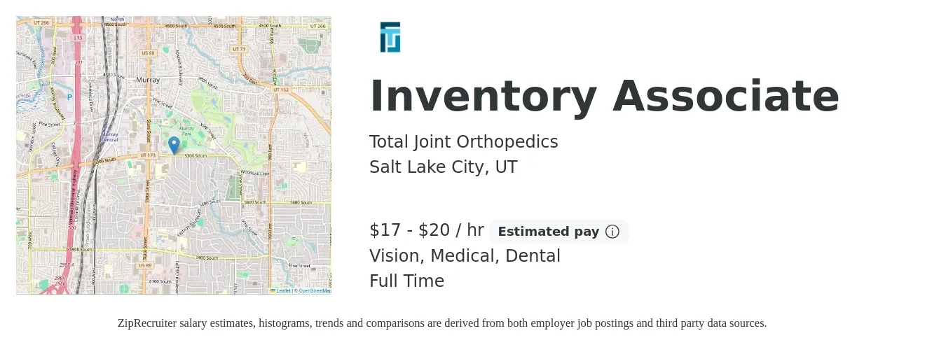 Total Joint Orthopedics job posting for a Inventory Associate in Salt Lake City, UT with a salary of $18 to $21 Hourly and benefits including retirement, vision, dental, medical, and pto with a map of Salt Lake City location.