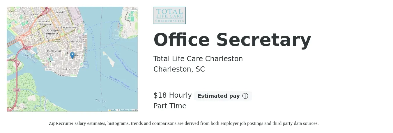 Total Life Care Charleston job posting for a Office Secretary in Charleston, SC with a salary of $19 Hourly with a map of Charleston location.