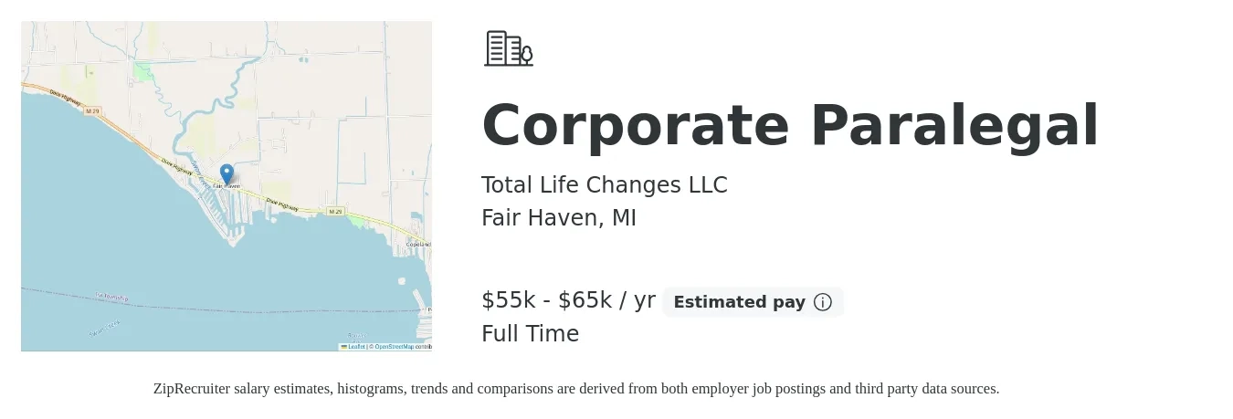Total Life Changes LLC job posting for a Corporate Paralegal in Fair Haven, MI with a salary of $55,000 to $65,000 Yearly with a map of Fair Haven location.