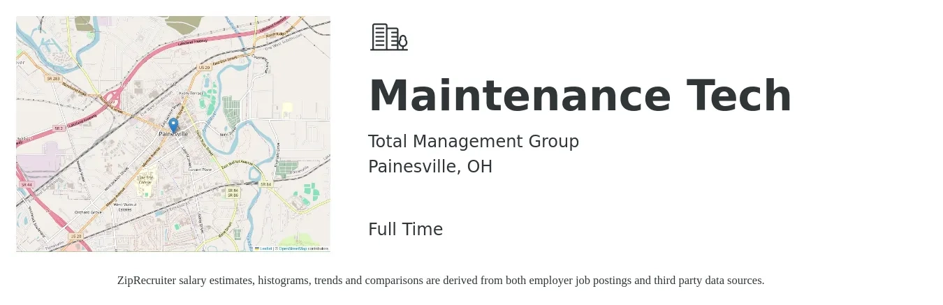 Total Management Group job posting for a Maintenance Tech in Painesville, OH with a salary of $17 to $23 Hourly with a map of Painesville location.