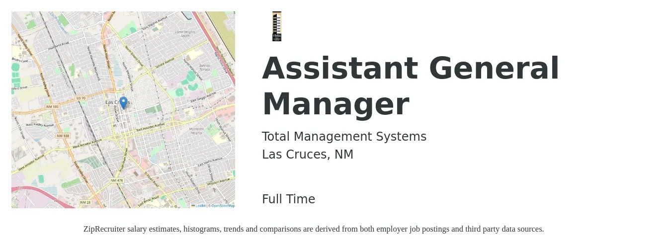 Total Management Systems job posting for a Assistant General Manager in Las Cruces, NM with a salary of $12 to $18 Hourly with a map of Las Cruces location.