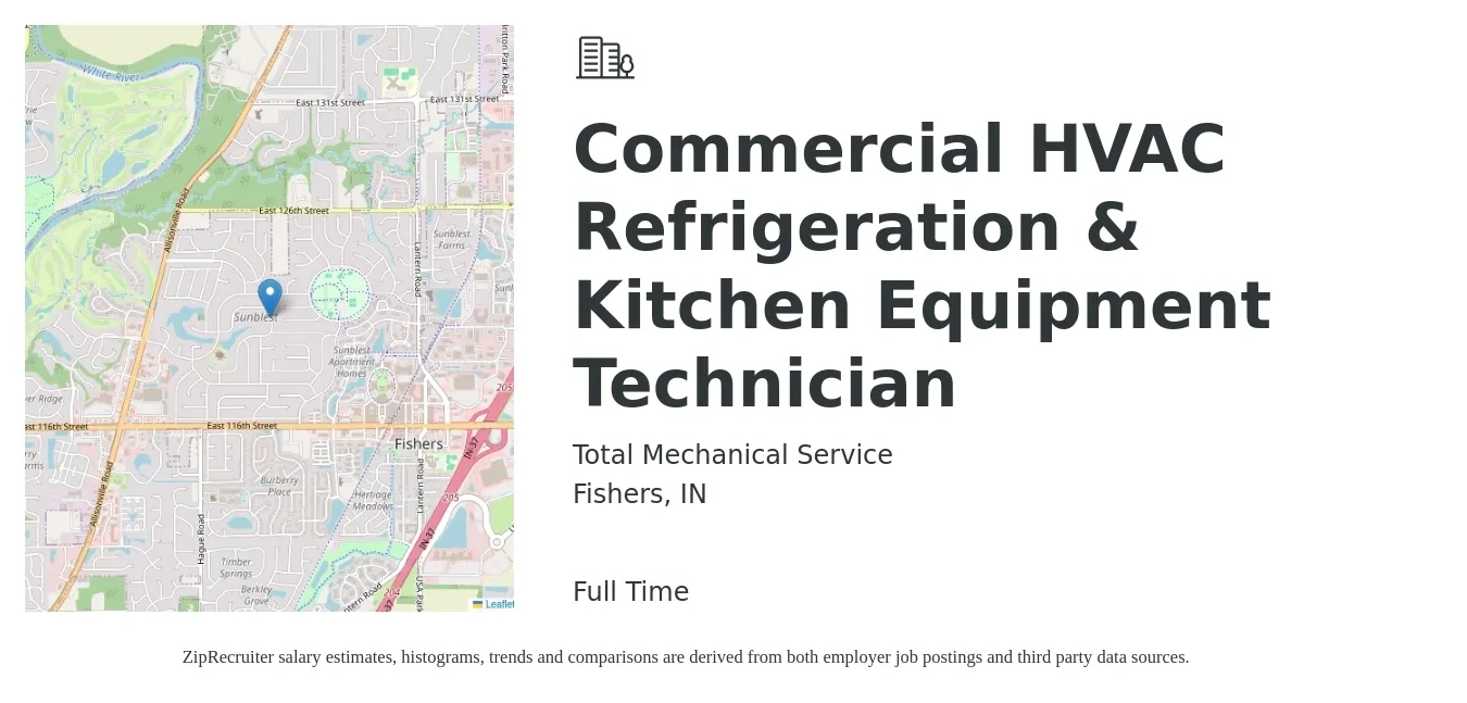 Total Mechanical Service job posting for a Commercial HVAC Refrigeration & Kitchen Equipment Technician in Fishers, IN with a salary of $25 to $32 Hourly with a map of Fishers location.