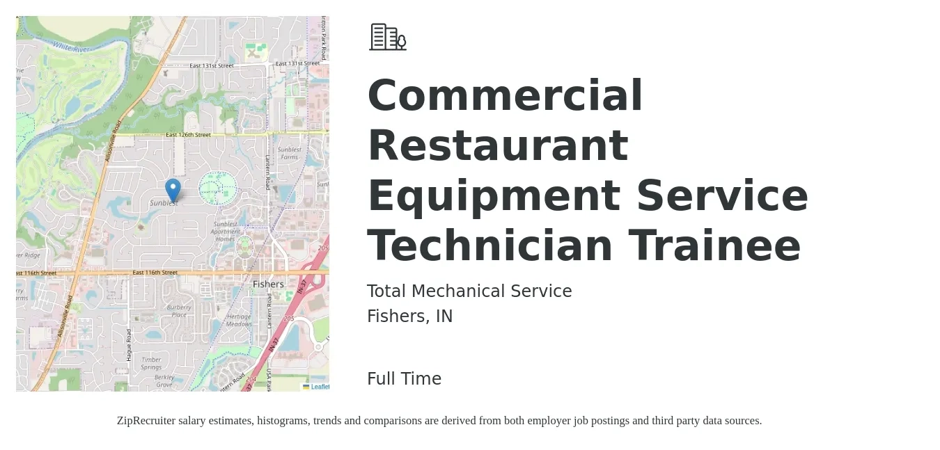 Total Mechanical Service job posting for a Commercial Restaurant Equipment Service Technician Trainee in Fishers, IN with a salary of $28,100 to $39,300 Yearly with a map of Fishers location.