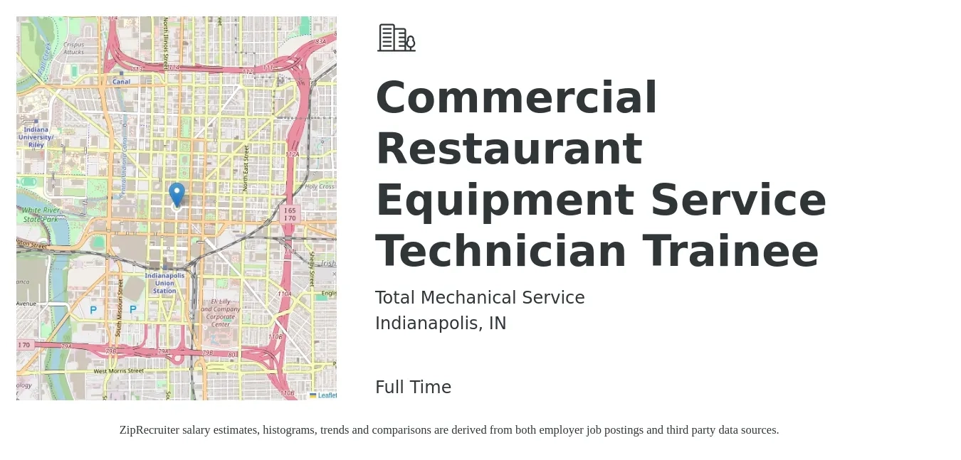 Total Mechanical Service job posting for a Commercial Restaurant Equipment Service Technician Trainee in Indianapolis, IN with a salary of $26,300 to $36,800 Yearly with a map of Indianapolis location.