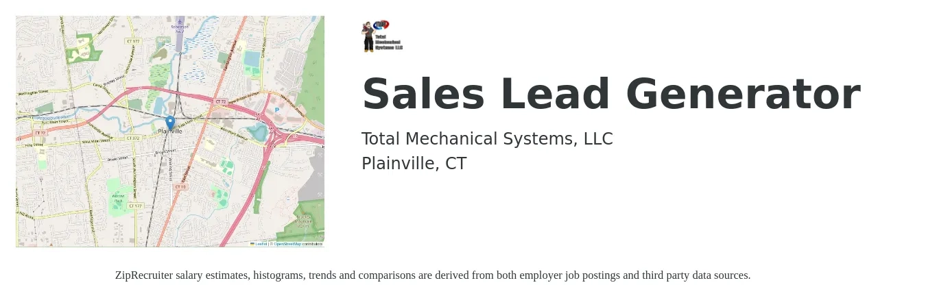 Total Mechanical Systems, LLC job posting for a Sales Lead Generator in Plainville, CT with a salary of $16 to $25 Hourly with a map of Plainville location.