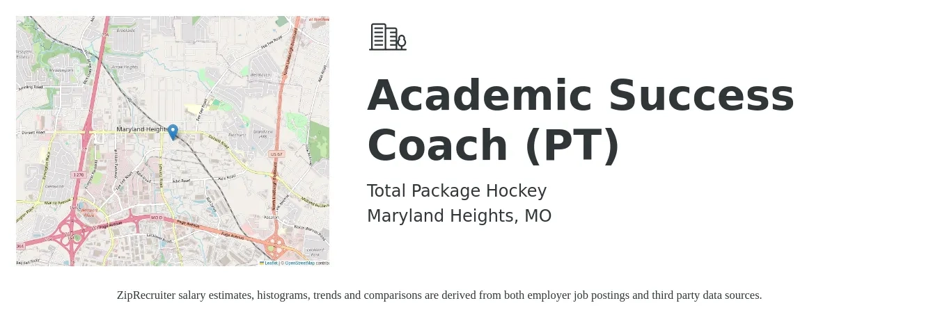 Total Package Hockey job posting for a Academic Success Coach (PT) in Maryland Heights, MO with a salary of $34,300 to $49,300 Yearly with a map of Maryland Heights location.