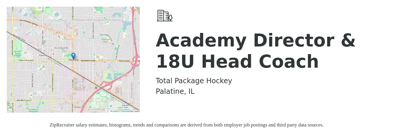 Total Package Hockey job posting for a Academy Director & 18U Head Coach in Palatine, IL with a salary of $40,200 to $55,300 Yearly with a map of Palatine location.