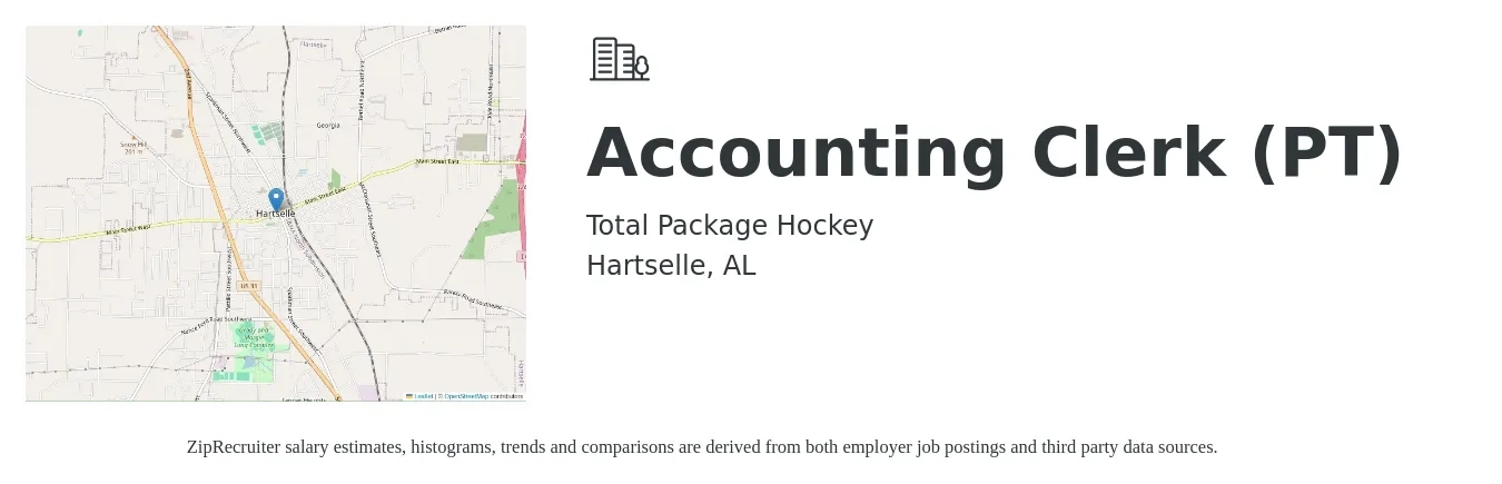 Total Package Hockey job posting for a Accounting Clerk (PT) in Hartselle, AL with a salary of $17 to $21 Hourly with a map of Hartselle location.