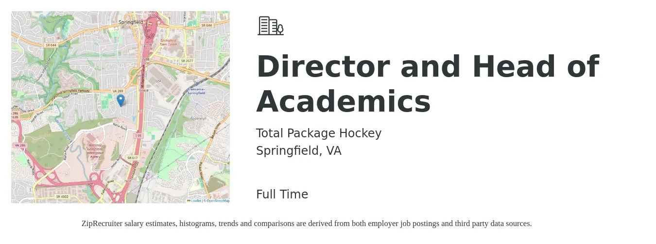 Total Package Hockey job posting for a Director and Head of Academics in Springfield, VA with a salary of $53,300 to $90,400 Yearly with a map of Springfield location.