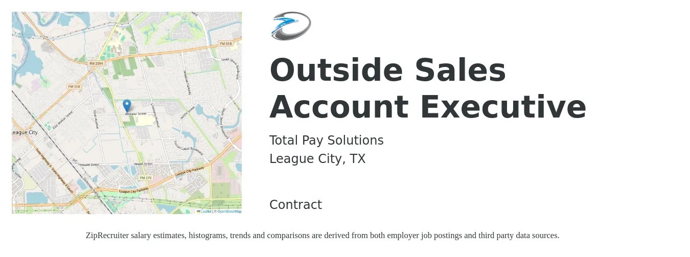 Total Pay Solutions job posting for a Outside Sales Account Executive in League City, TX with a salary of $3,000 to $35,000 Monthly (plus commission) with a map of League City location.