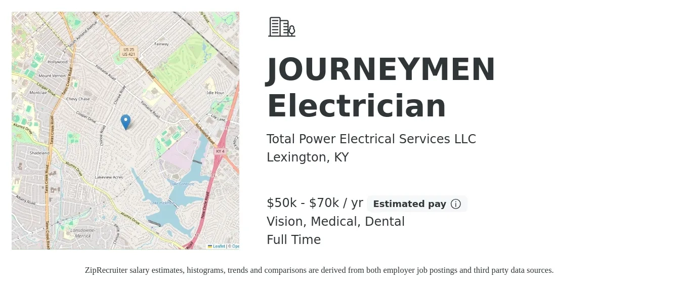 Total Power Electrical Services LLC job posting for a JOURNEYMEN Electrician in Lexington, KY with a salary of $50,000 to $70,000 Yearly and benefits including medical, pto, vision, and dental with a map of Lexington location.