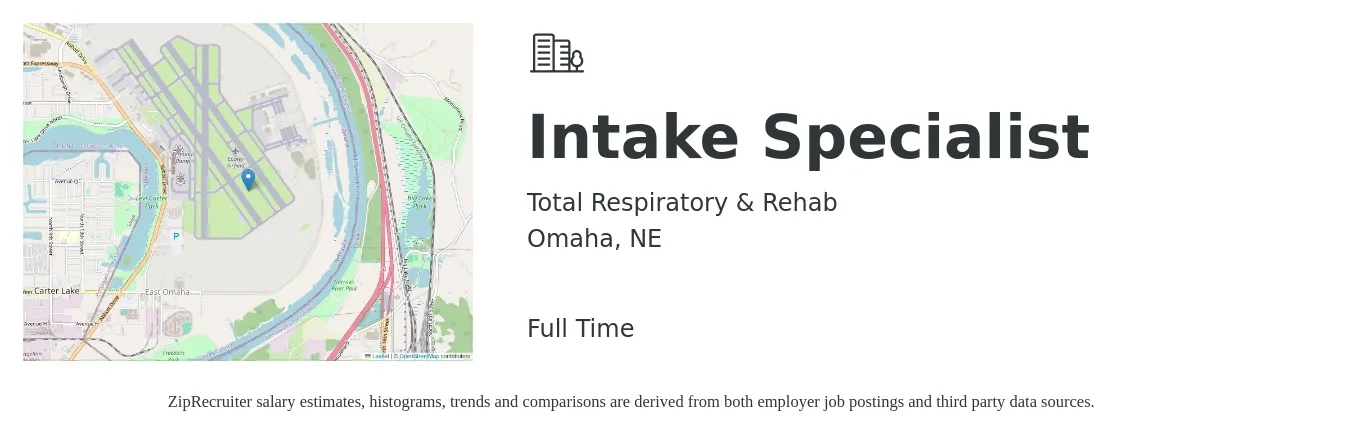 Total Respiratory & Rehab job posting for a Intake Specialist in Omaha, NE with a salary of $17 to $22 Hourly with a map of Omaha location.