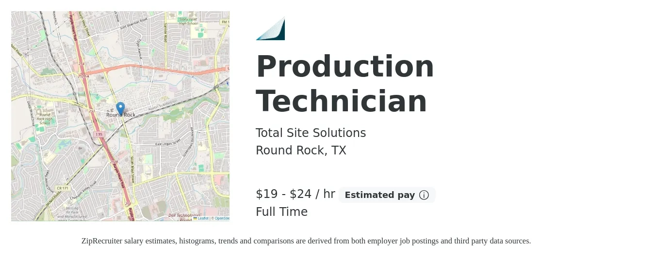 Total Site Solutions job posting for a Production Technician in Round Rock, TX with a salary of $20 to $22 Hourly with a map of Round Rock location.