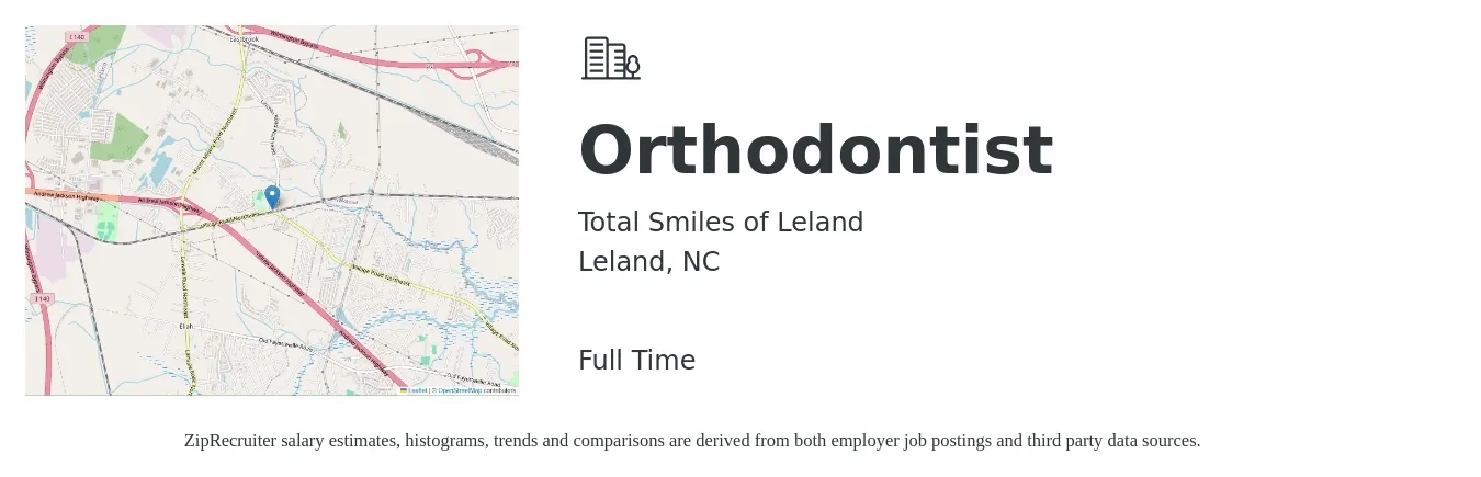 Total Smiles of Leland job posting for a Orthodontist in Leland, NC with a salary of $216,100 to $323,700 Yearly with a map of Leland location.