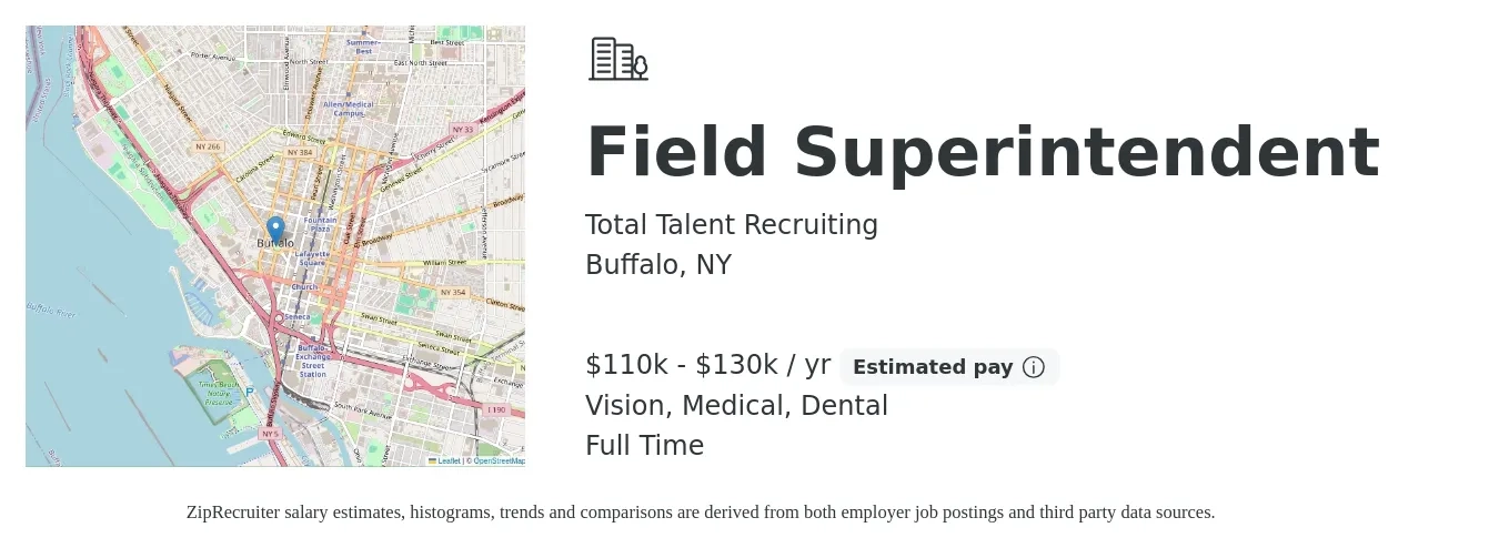 Total Talent Recruiting job posting for a Field Superintendent in Buffalo, NY with a salary of $110,000 to $130,000 Yearly and benefits including life_insurance, medical, pto, retirement, vision, and dental with a map of Buffalo location.
