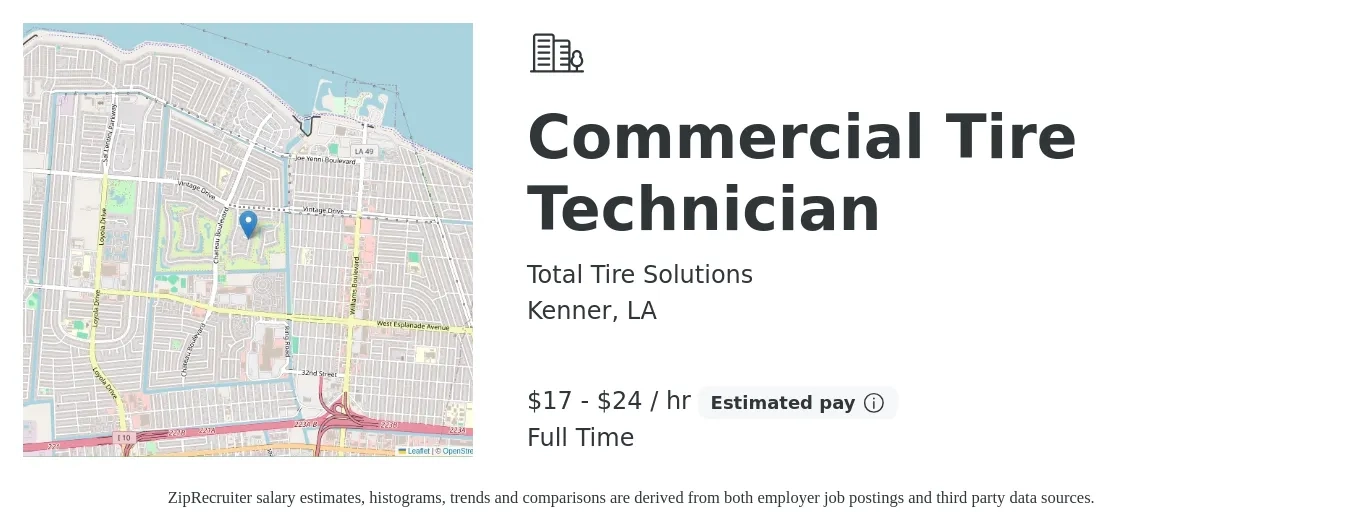 Total Tire Solutions job posting for a Commercial Tire Technician in Kenner, LA with a salary of $18 to $25 Hourly with a map of Kenner location.