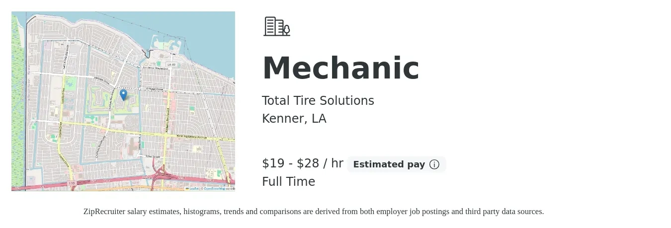 Total Tire Solutions job posting for a Mechanic in Kenner, LA with a salary of $20 to $30 Hourly with a map of Kenner location.